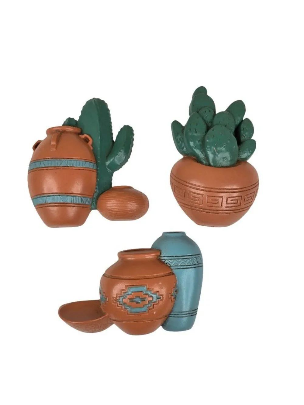 Southwestern Wall Decor Set Of 3 Cactus Clay Pot Plaques Brown Teal Vintage Made